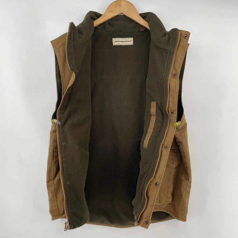 Bit & Bridle Men L Canvas Workwear Vest Fleece Lined Utility Cargo Brown Western